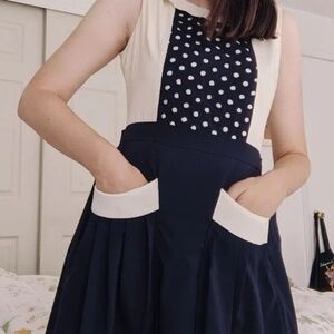 COMME TOI - by Anthropologie Navy Blue & Cream Polka Dot Vintage Style dress